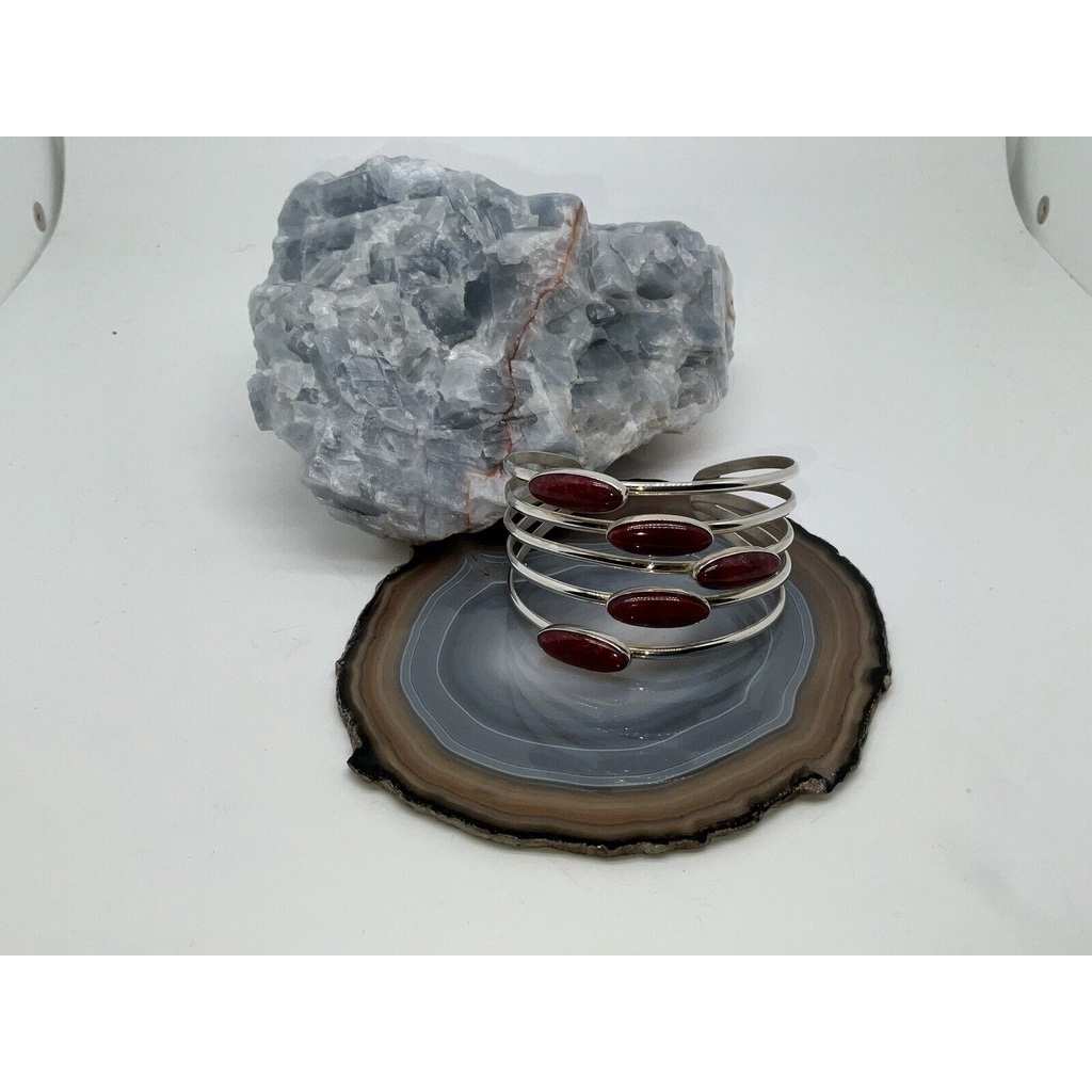 Hsn Jay King Sterling Silver 5 Stone Oval Thulite Cuff Bracelet 7-1/4